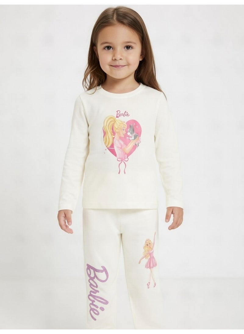 باربي | طقم تيشيرت بأكمام طويلة وبنطال للبنات | كريمي - Image 2